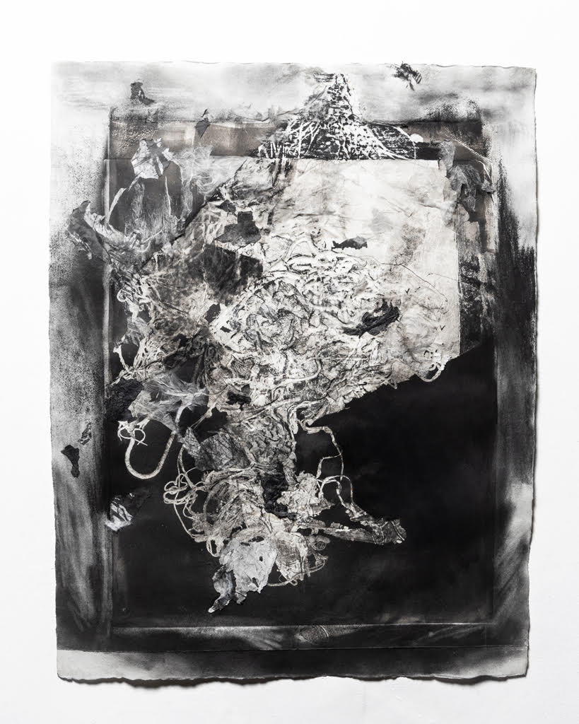 Aleph l 2022 l 30”x23” l Collage over embossed monoprint charcoal, graphite
