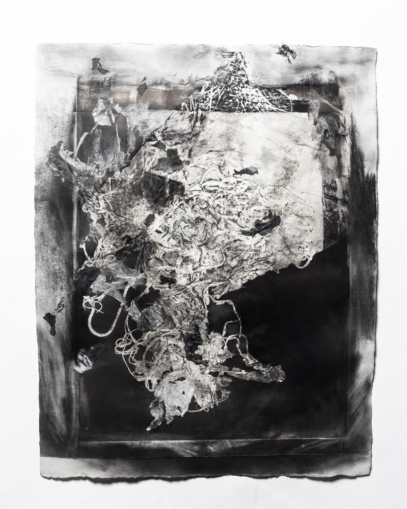 Aleph l 2022 l 30”x23” l Collage over embossed monoprint charcoal, graphite