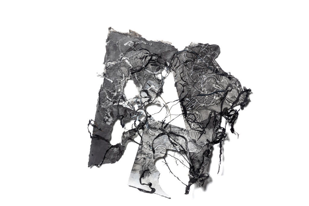 Collaged Monotype 1 2022 l 20”x20” l graphite, black hot glue, gauche over monoprint