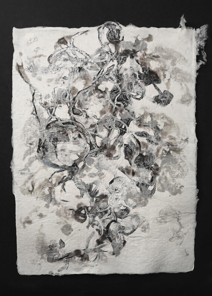 HMP 3 l 2023 l 22”x30” l paper pulp, handmade paper, monoprint on tyvek