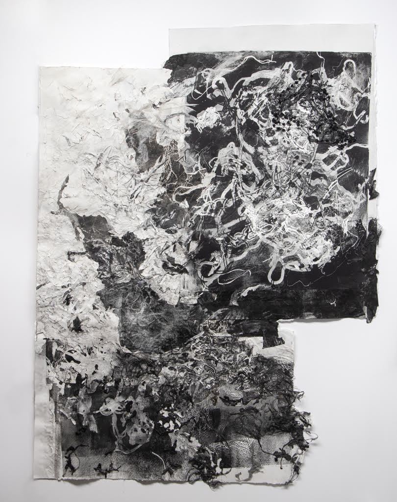 Untitled 2 l 2022 l 48” x 36” l Collage over embossed monoprint, charcoal, graphite